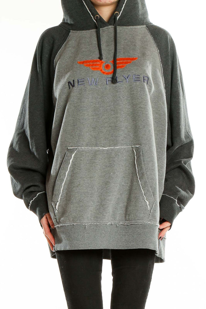 Front view of gray oversized J.America hoodie with 'New Flyer' graphic