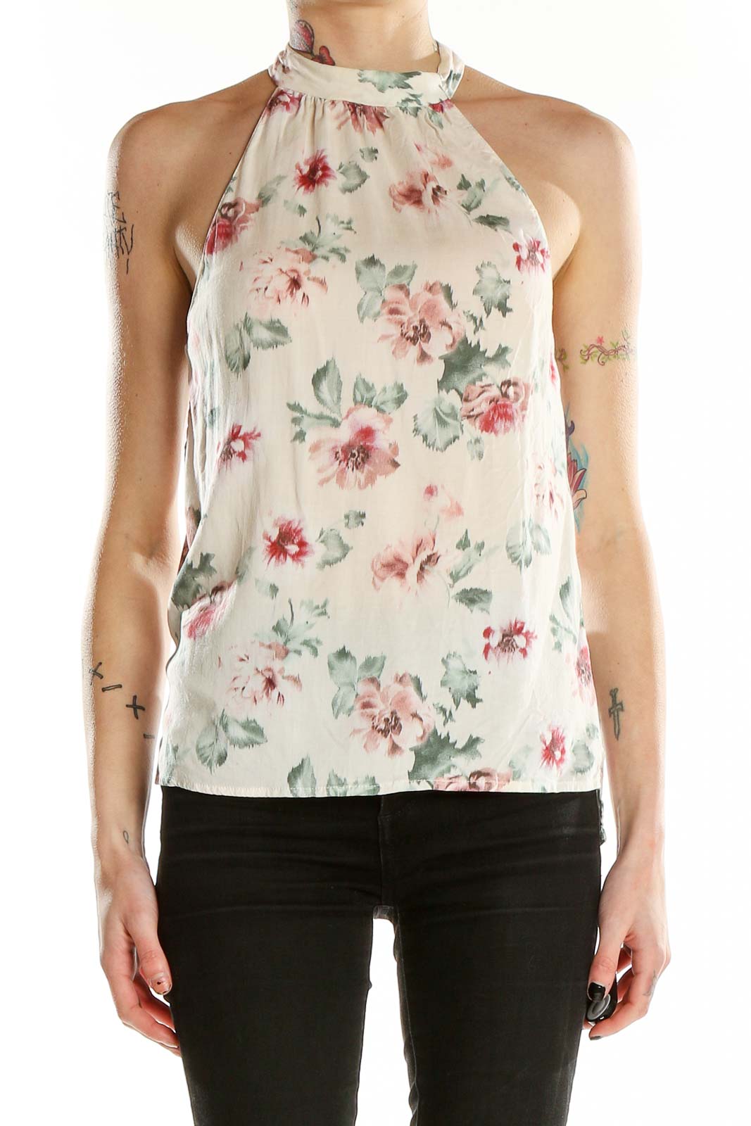 Front view of white floral halter neck top by Zara Trafaluc