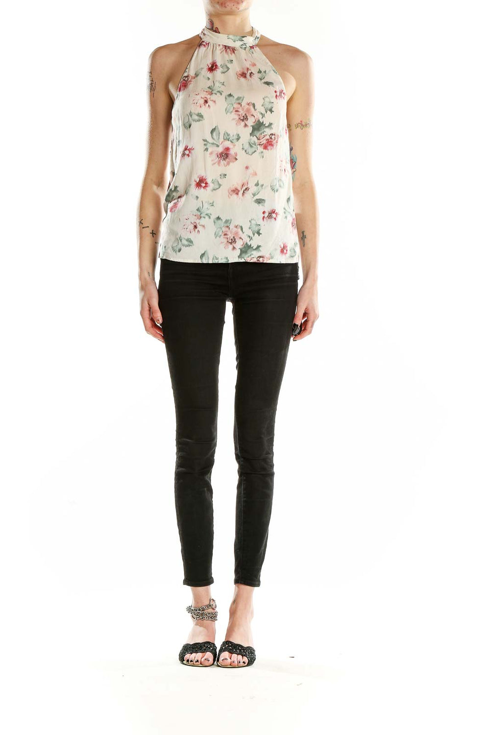 Front view of white floral halter neck top by Zara Trafaluc