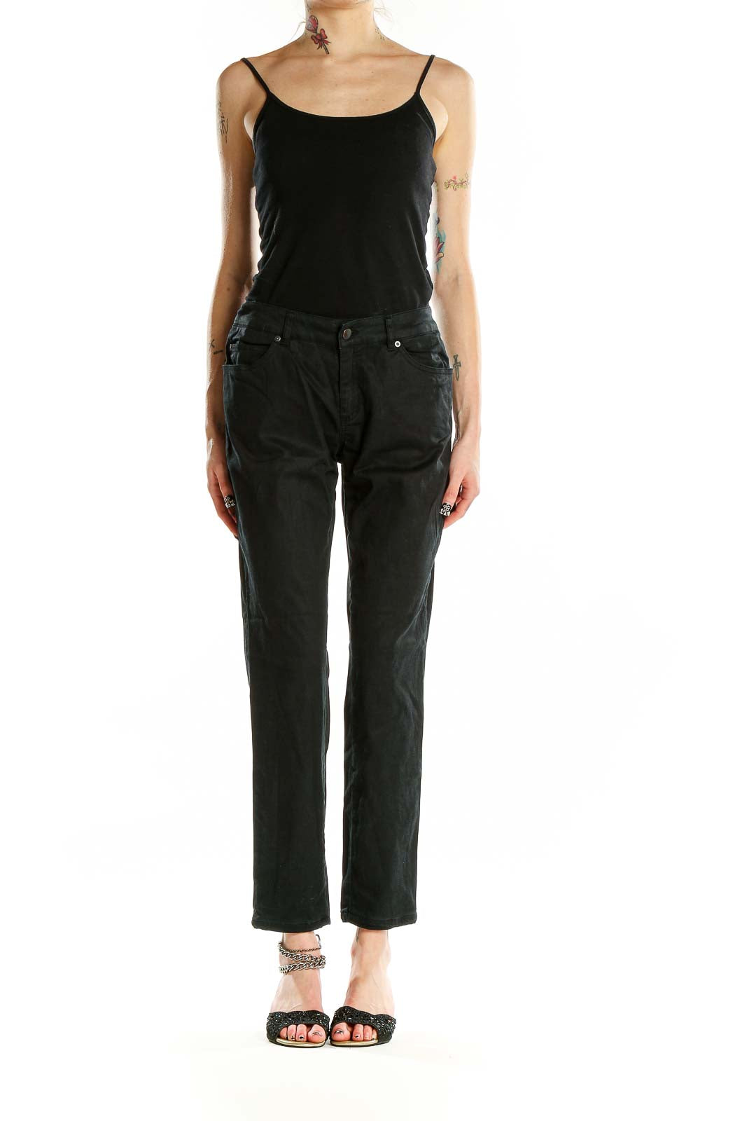 Front view of Pendleton black straight-leg jeans on model