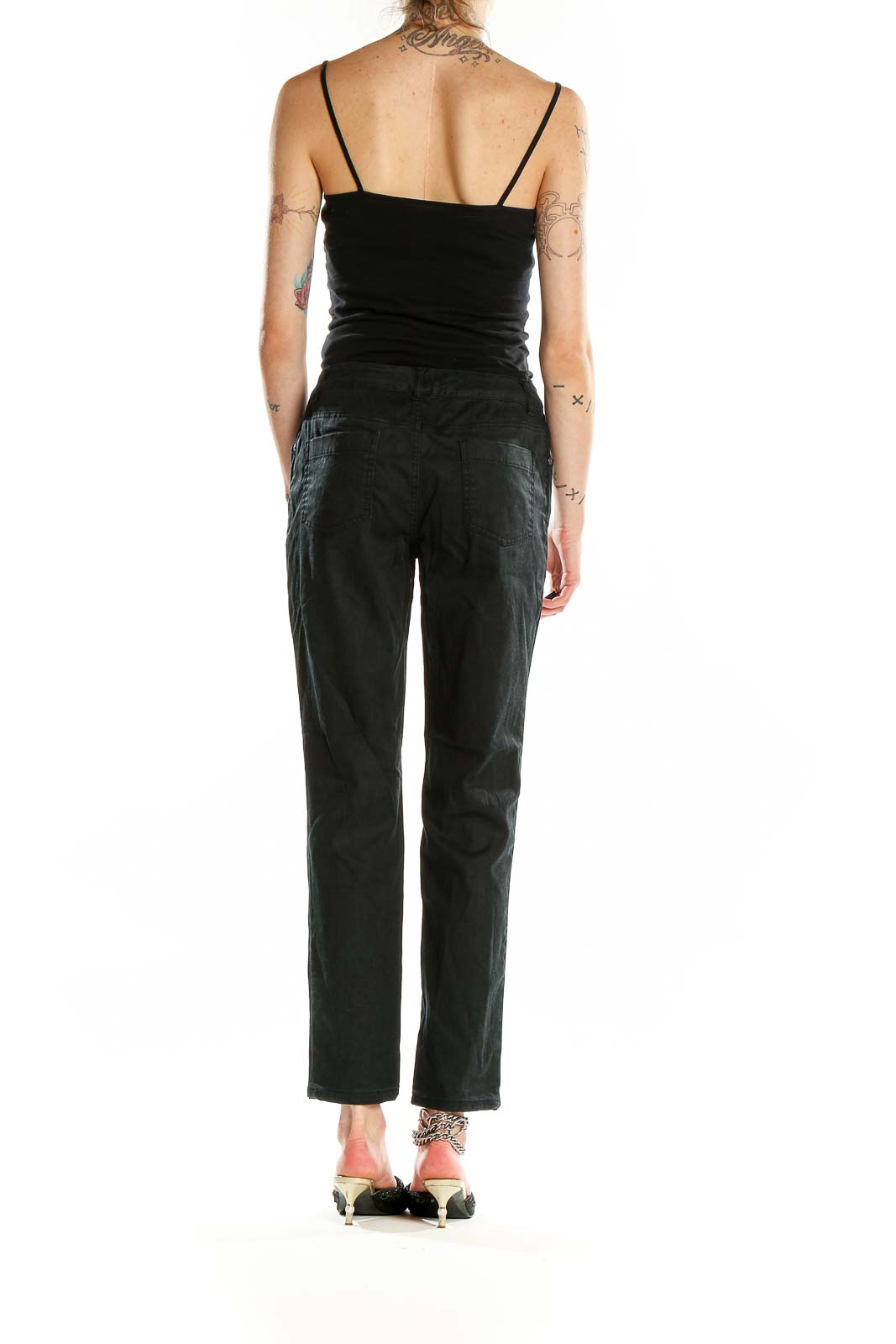 Back view of Pendleton black straight-leg jeans on model