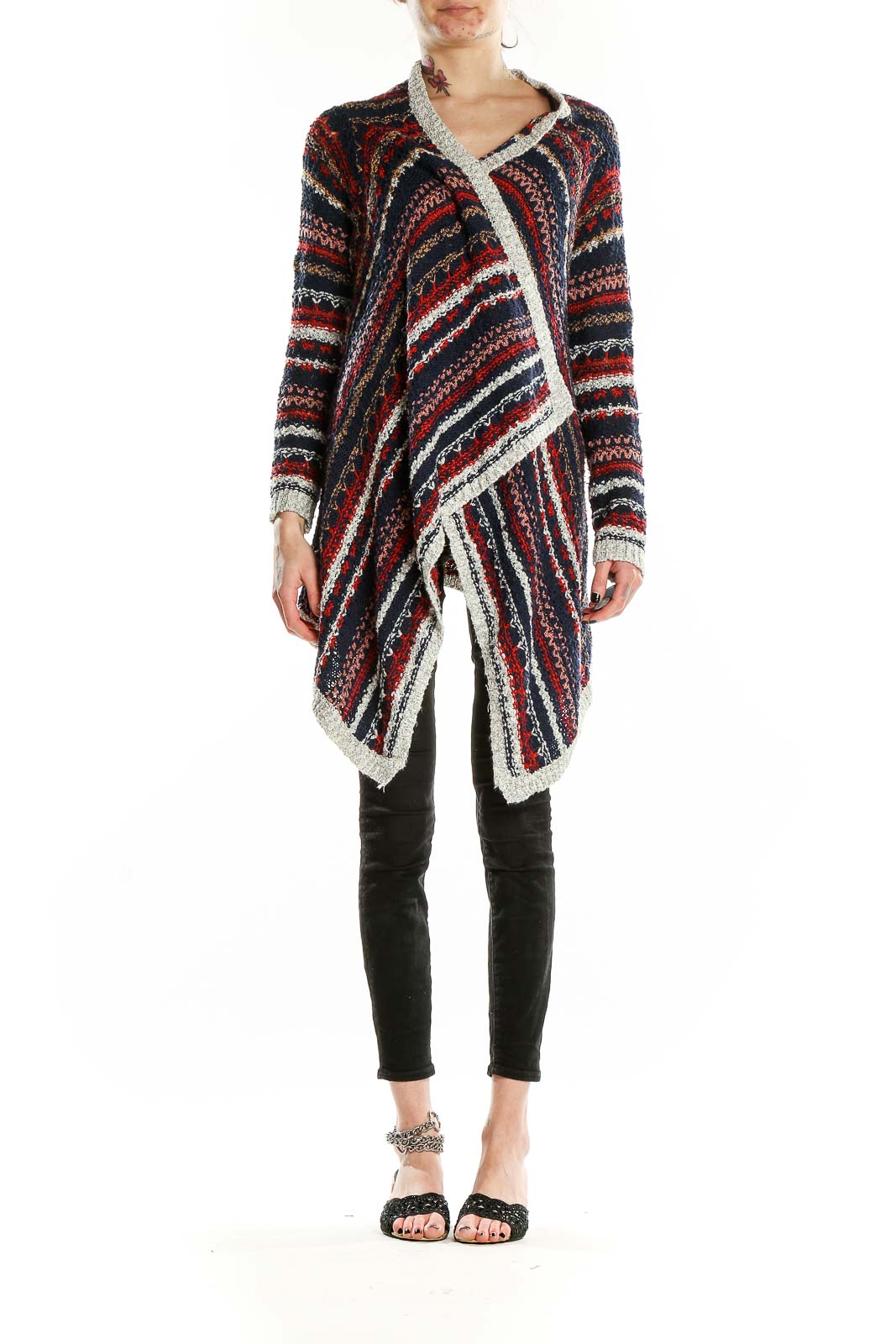 Front view of SilkRoll Multicolor Striped Asymmetrical Cardigan