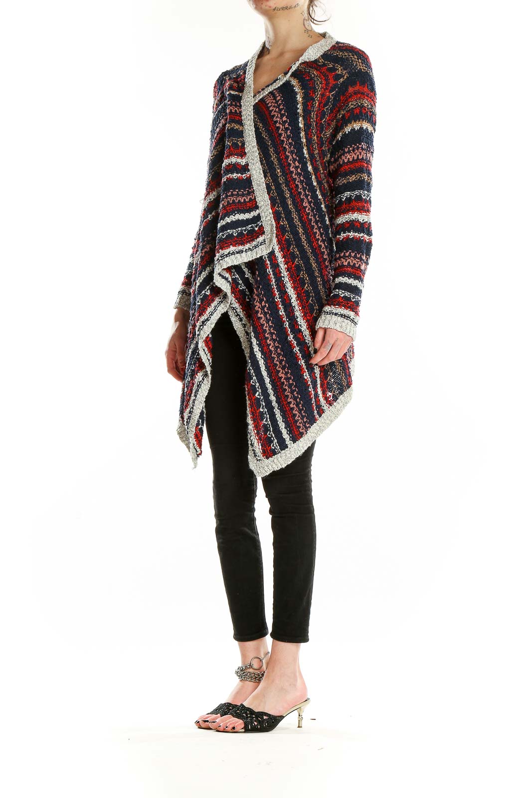 Front view of SilkRoll Multicolor Striped Asymmetrical Cardigan