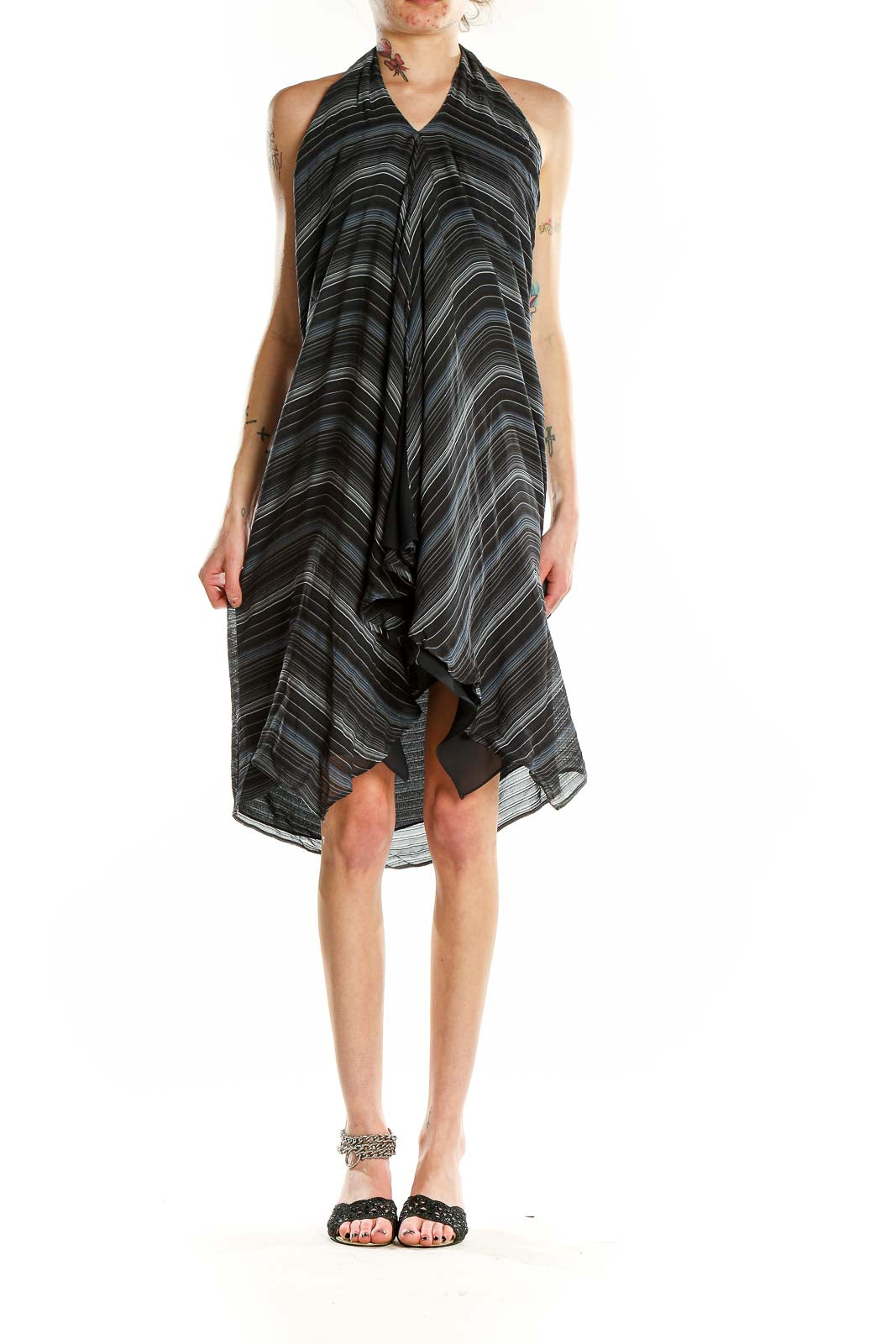 Front view of Lauren Ralph Lauren black striped halter neck cocktail dress with asymmetrical hem