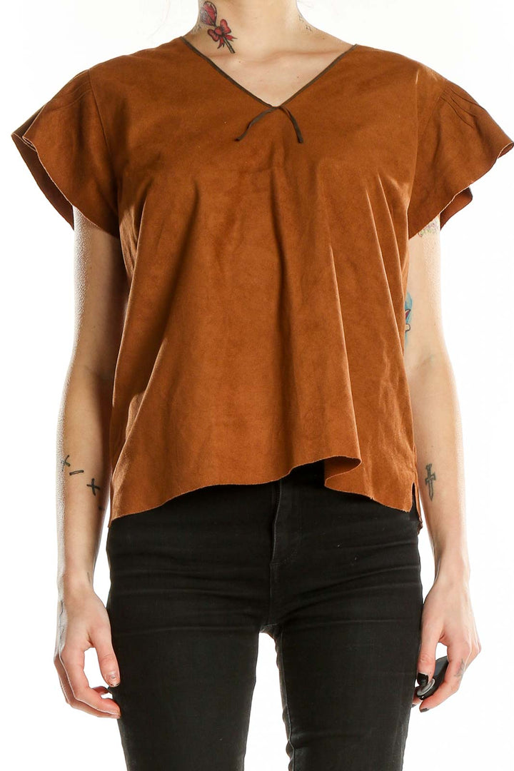 Brown V Neck Shorts Sleeve Faux Leather Top