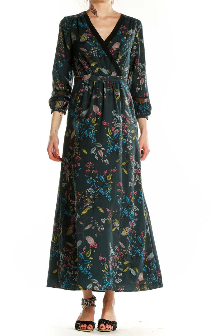 Front view of Banana Republic dark green floral maxi wrap dress