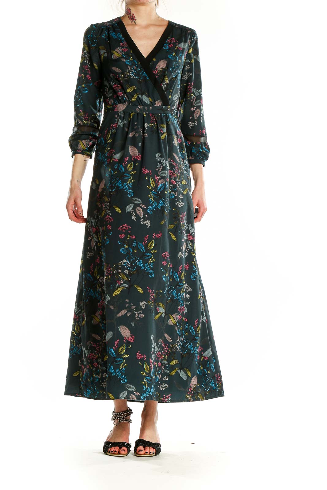 Front view of Banana Republic dark green floral maxi wrap dress