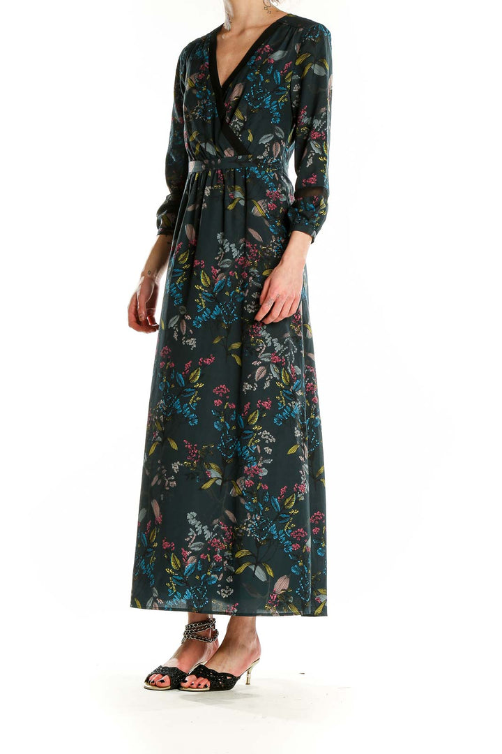 Front view of Banana Republic dark green floral maxi wrap dress