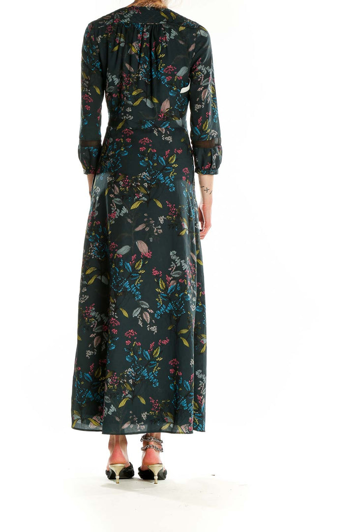 Back view of Banana Republic dark green floral maxi wrap dress