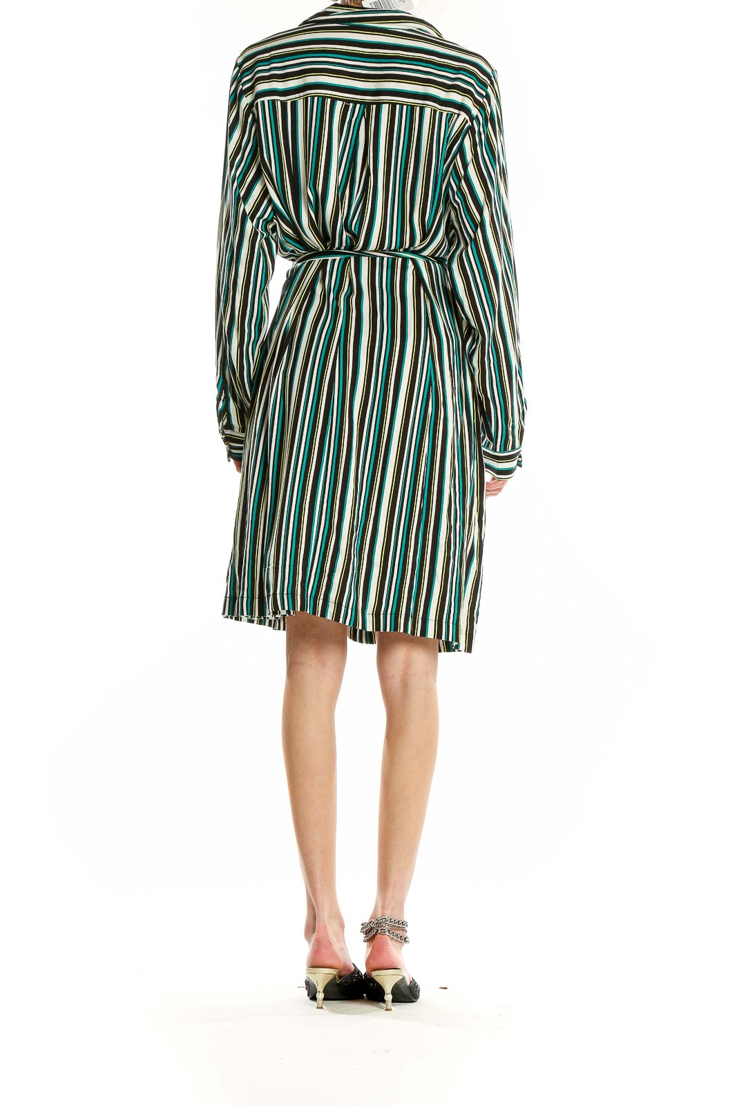 White Black Green Striped Shirt Dress