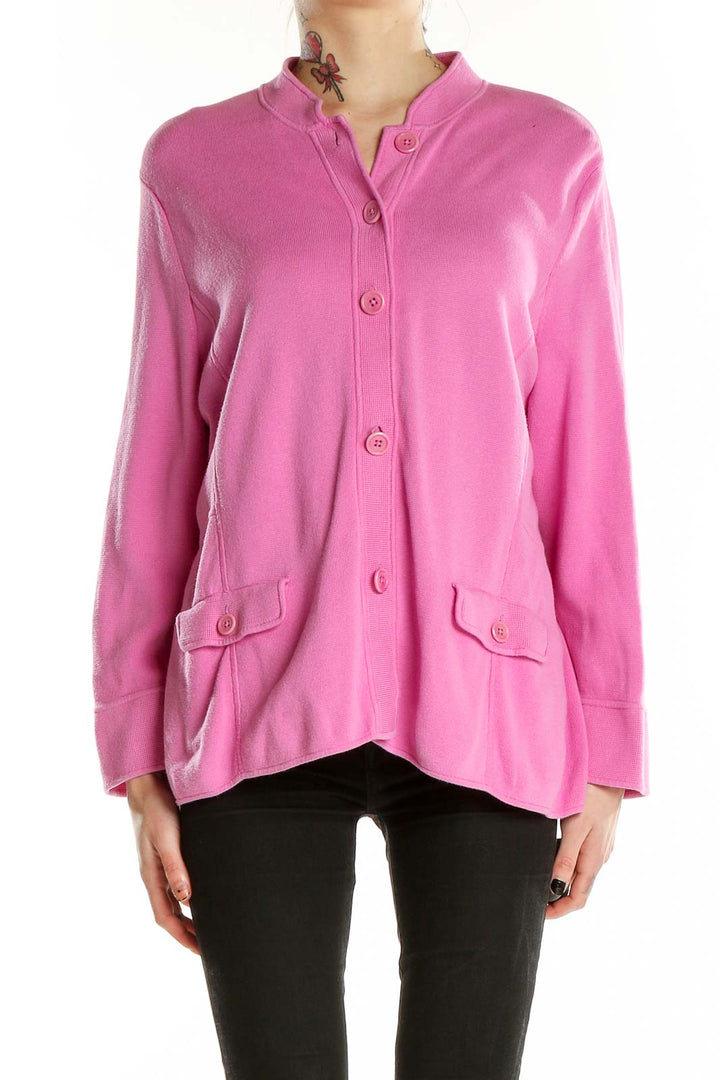 Front view of pink Talbots button-front cardigan with stand-up collar