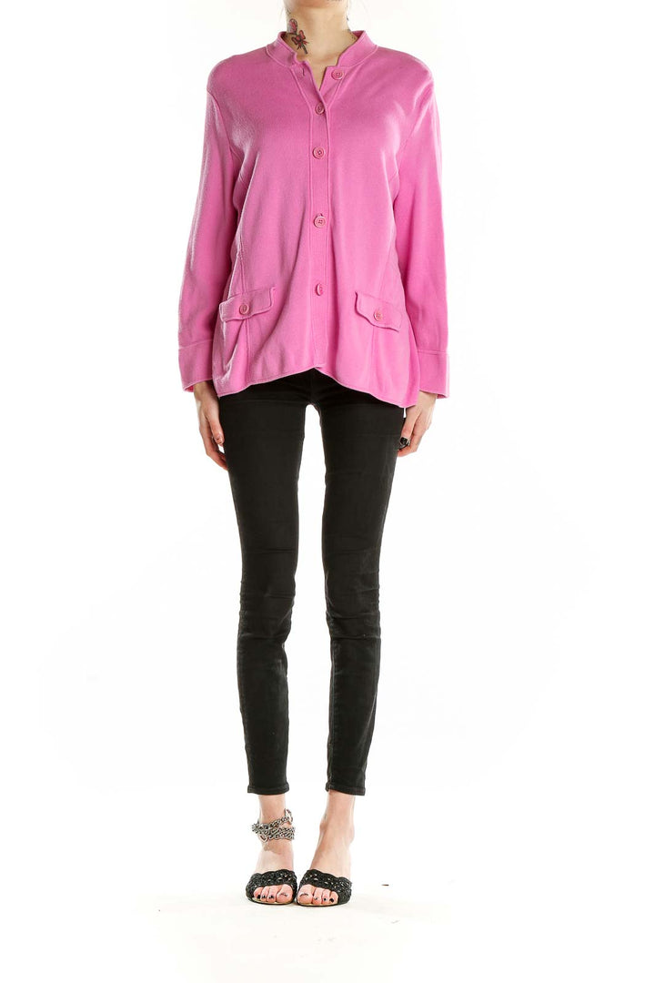 Front view of pink Talbots button-front cardigan with stand-up collar