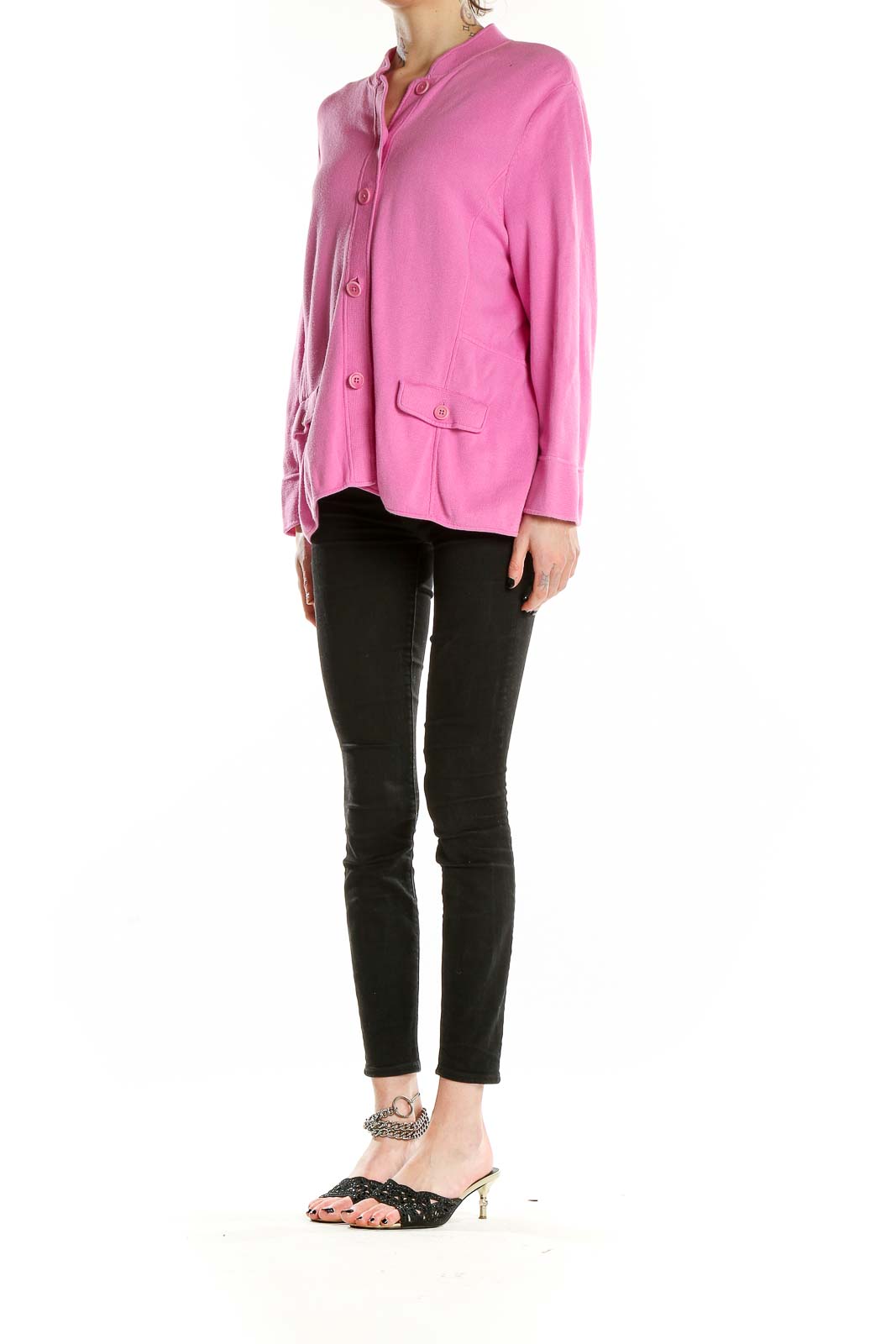 Front view of pink Talbots button-front cardigan with stand-up collar