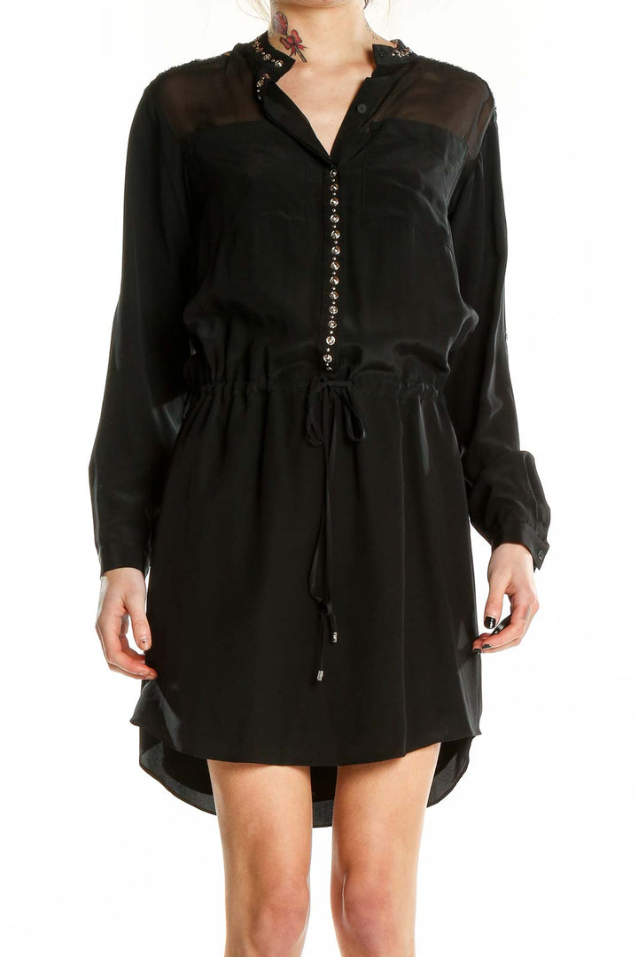 Front view of Rebecca Taylor black shirt dress with studded collar