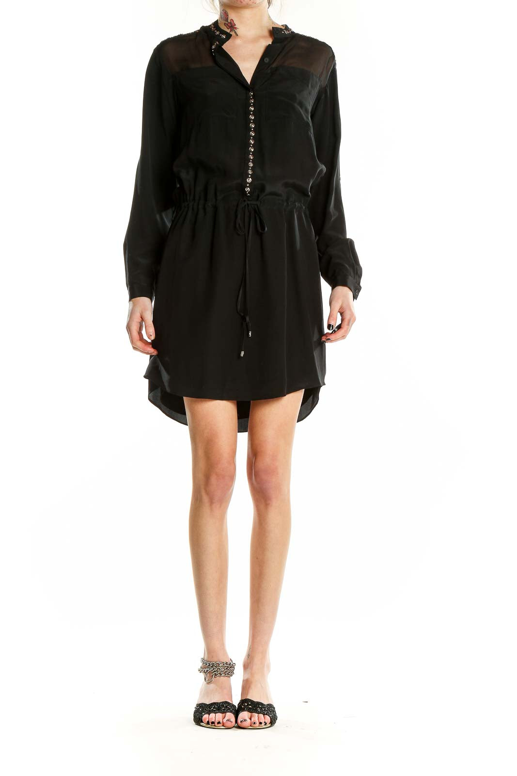 Front view of Rebecca Taylor black shirt dress with studded collar