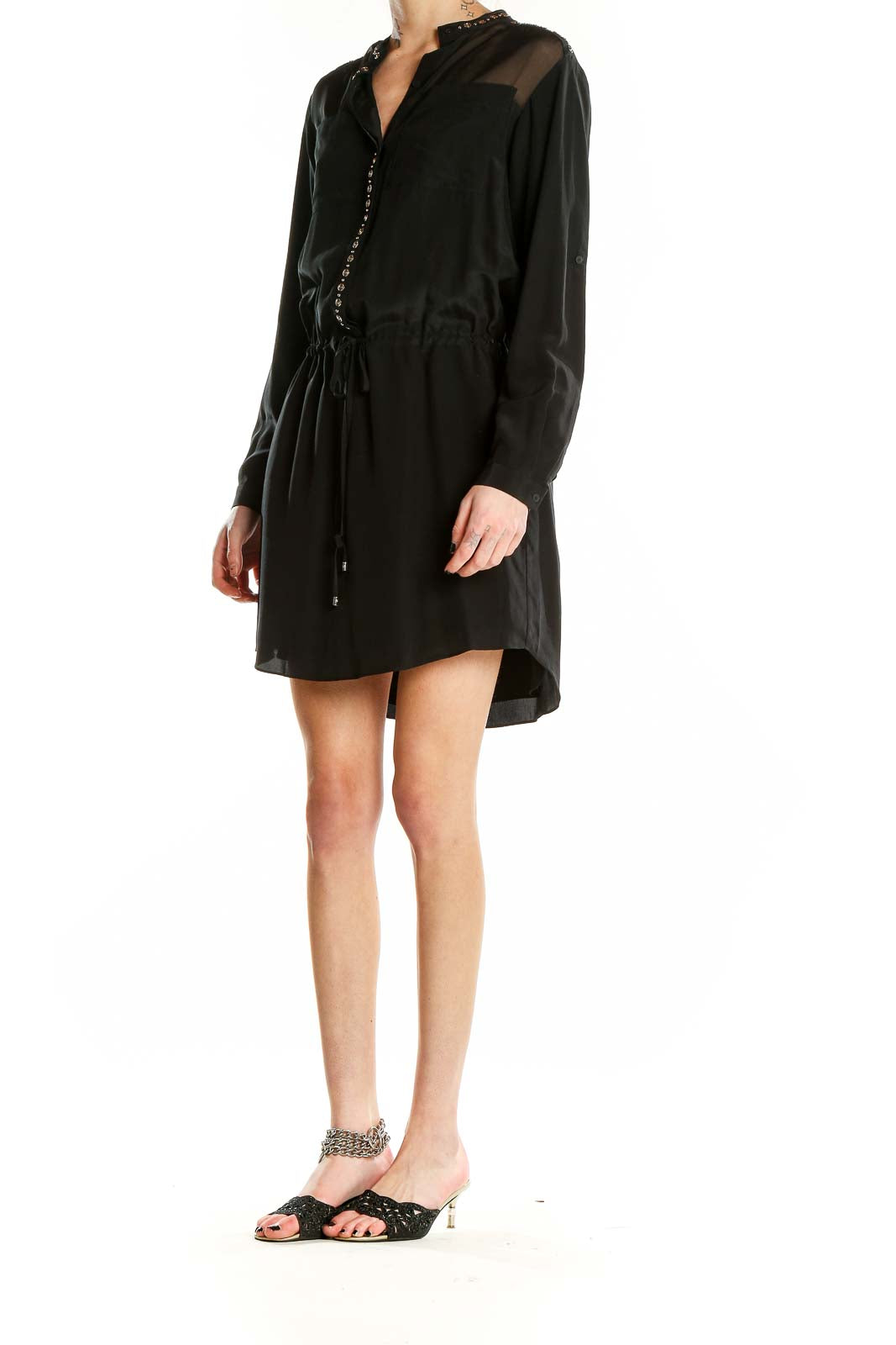 Front view of Rebecca Taylor black shirt dress with studded collar