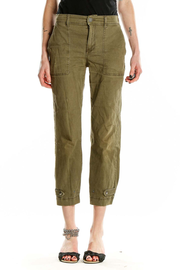 Front view of olive green cropped utility pants from Express