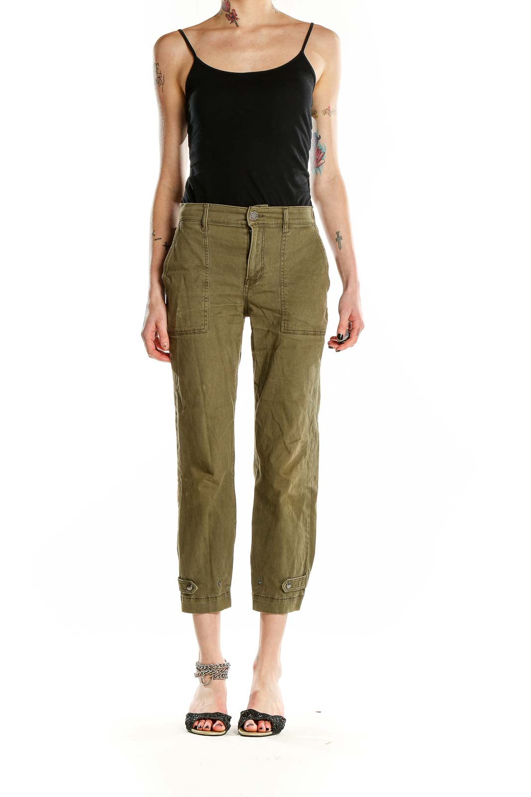 Front view of olive green cropped utility pants from Express