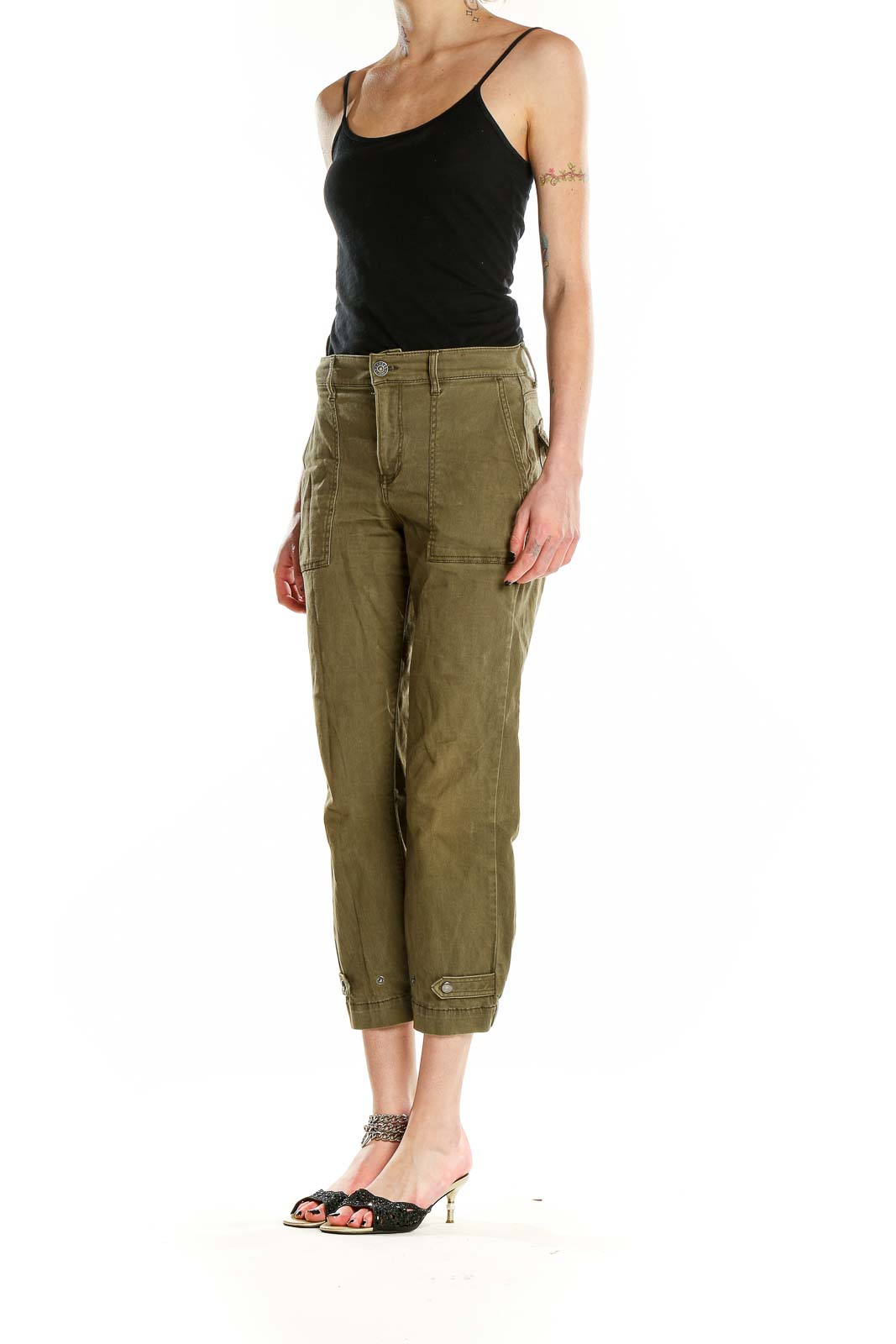 Front view of olive green cropped utility pants from Express