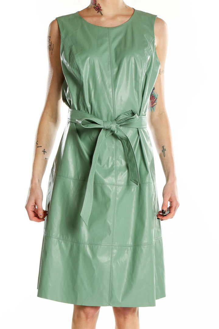 Front view of green faux leather belted midi dress by Simply Vera Vera Wang