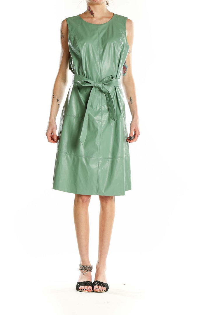 Front view of green faux leather belted midi dress by Simply Vera Vera Wang