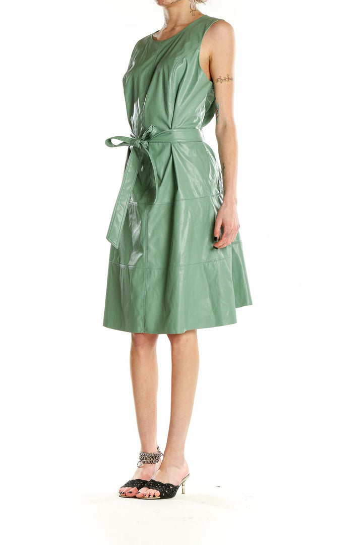 Front view of green faux leather belted midi dress by Simply Vera Vera Wang