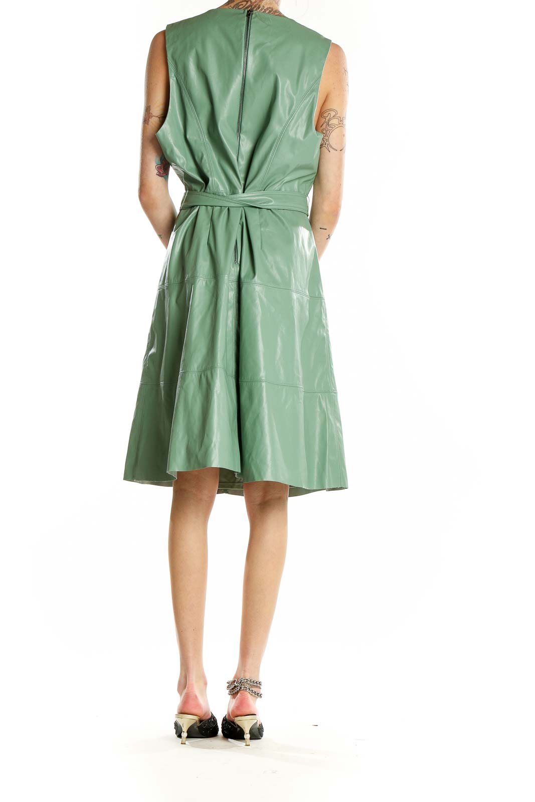 Back view of green faux leather belted midi dress by Simply Vera Vera Wang