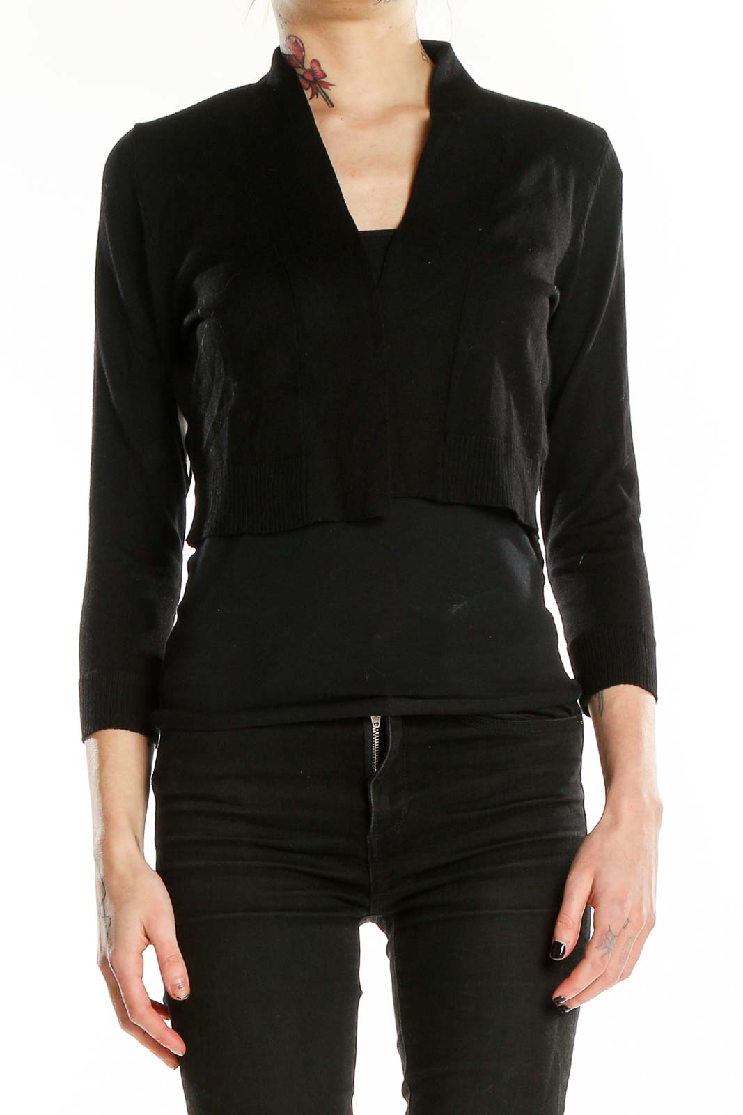 Front view of Calvin Klein black cropped jacket with stand-up collar