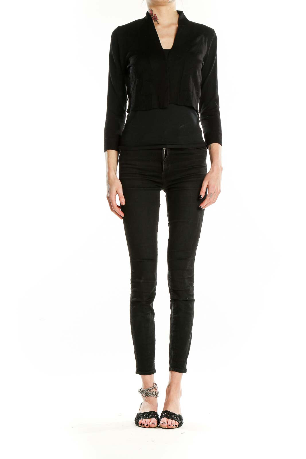 Front view of Calvin Klein black cropped jacket with stand-up collar