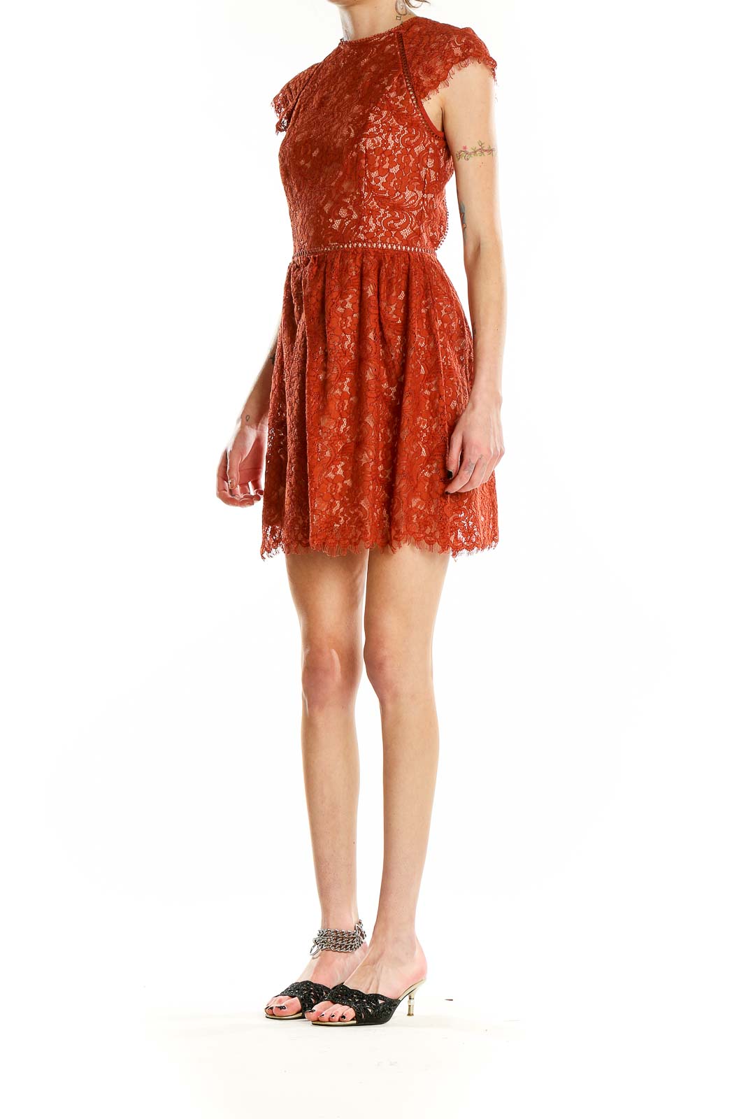 Red Lace Shorts Sleeve Dress