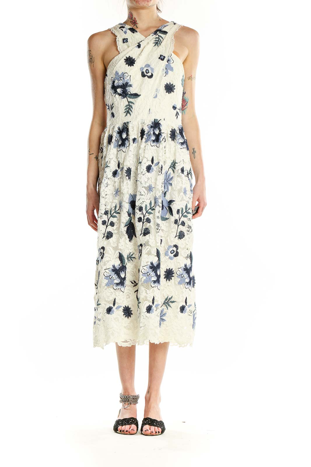 Front view of Tahari Arthur S. Levine ivory lace midi dress with blue floral pattern