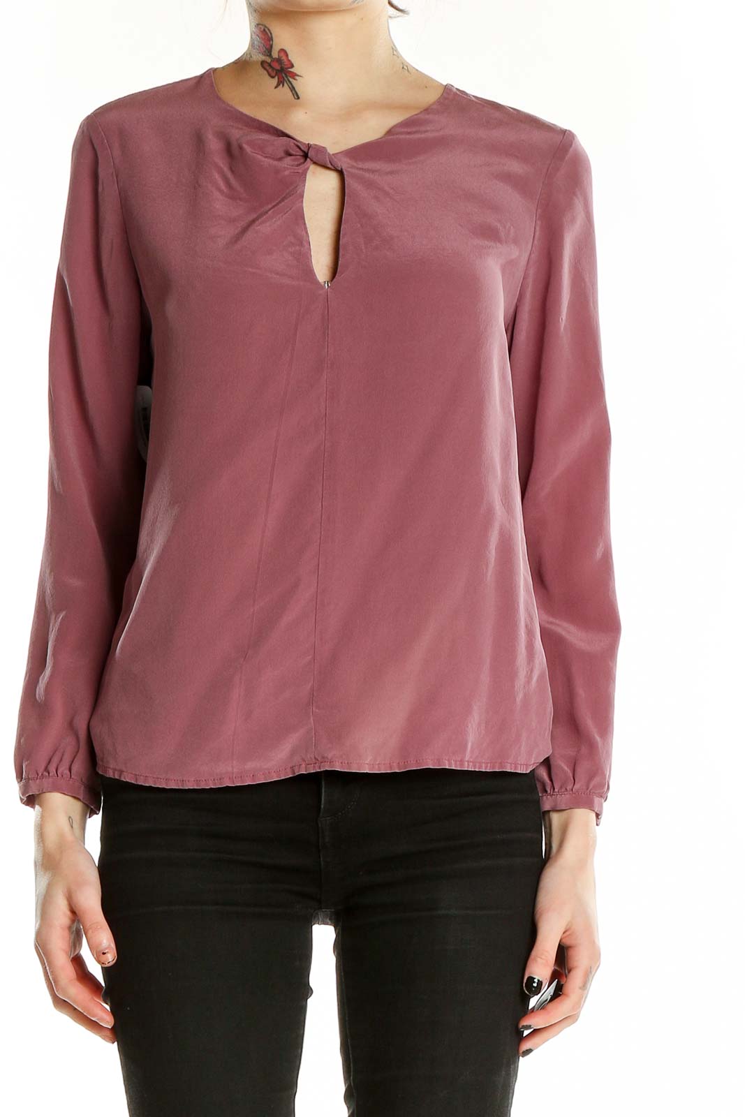 Front view of mauve twist-front blouse by TheKorner with keyhole neckline