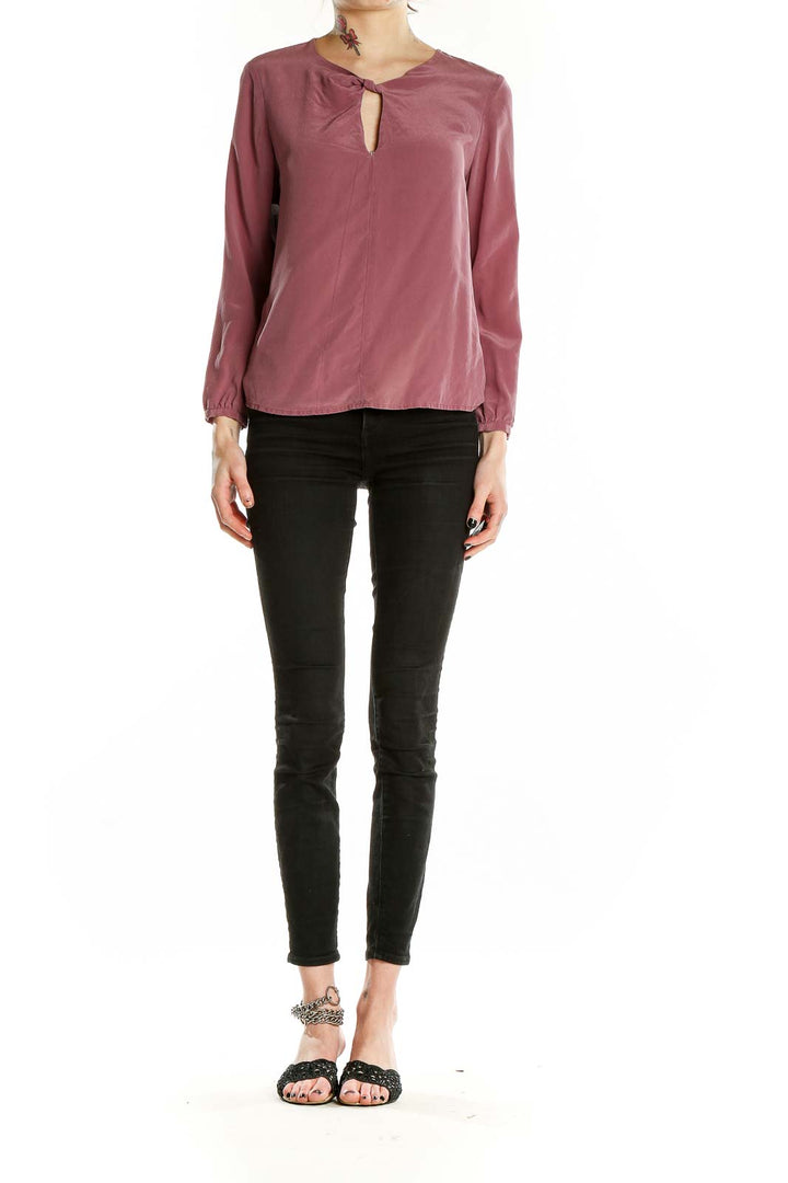 Front view of mauve twist-front blouse by TheKorner with keyhole neckline