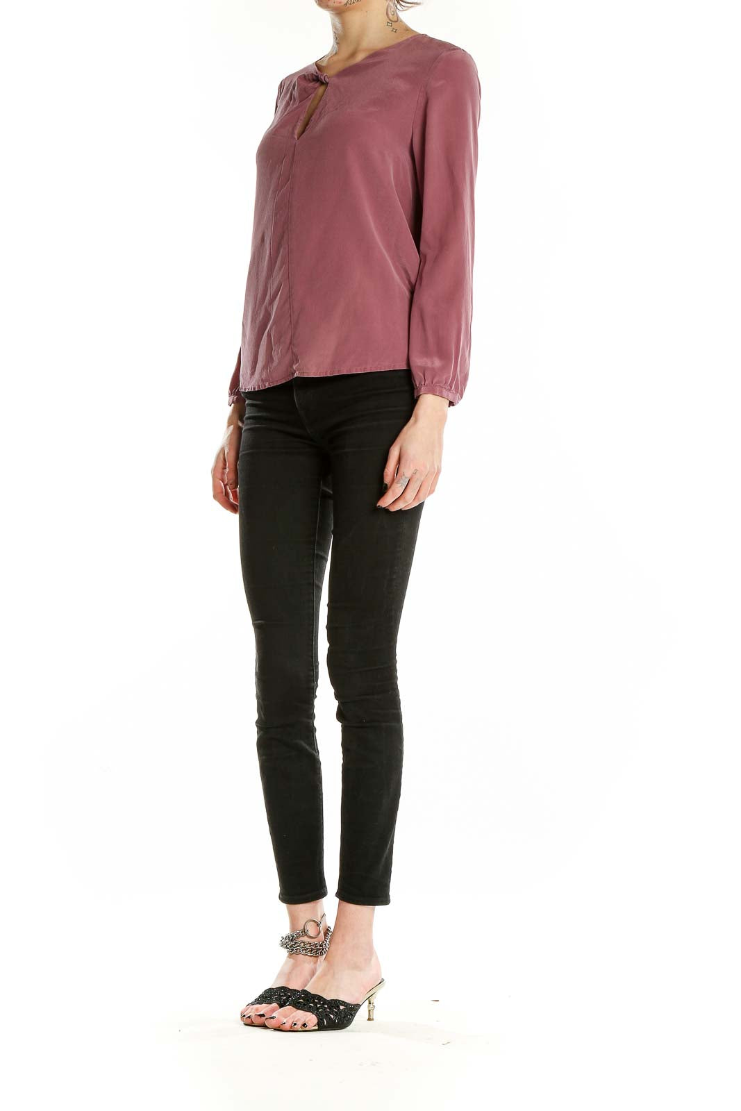 Front view of mauve twist-front blouse by TheKorner with keyhole neckline