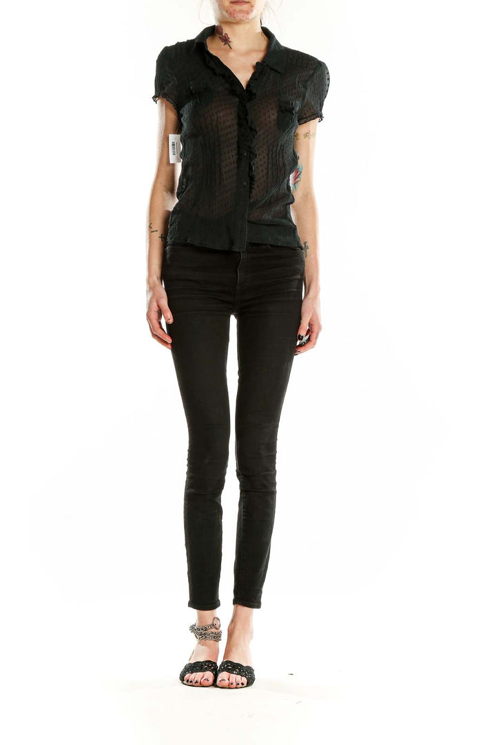 Front view of Bebe black sheer silk button-up blouse