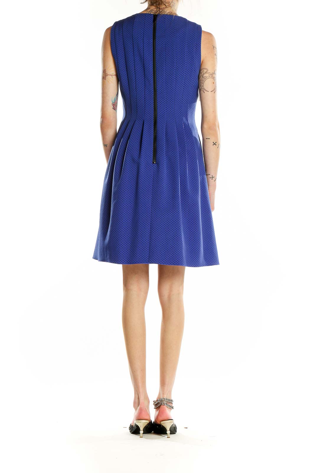 Anne Klein Blue Polka Dot Sleeveless Pleated Dress