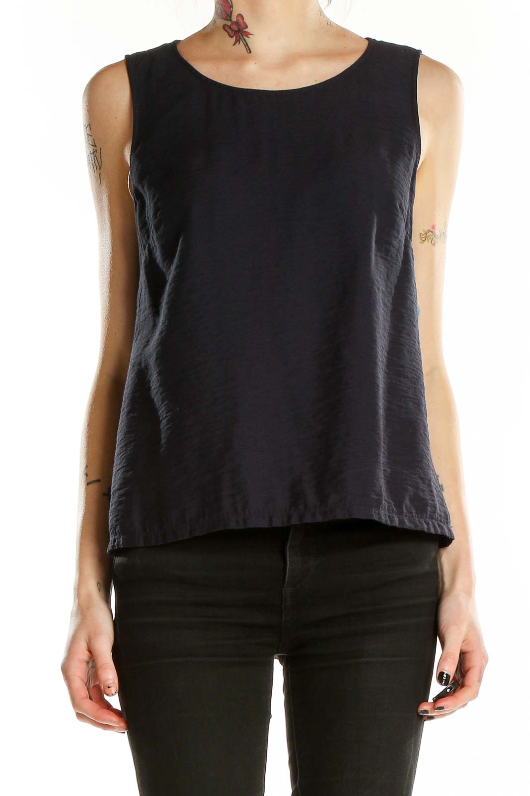 Front view of black sleeveless blouse by Brass