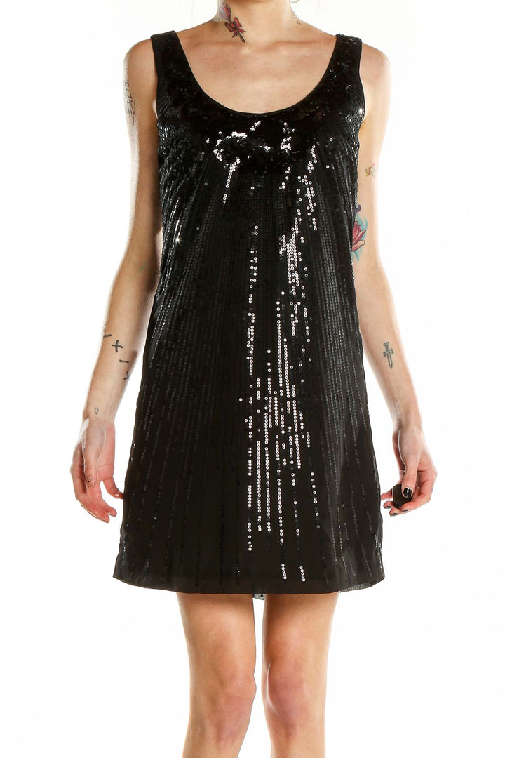 Front view of White House Black Market black sequin sleeveless mini dress