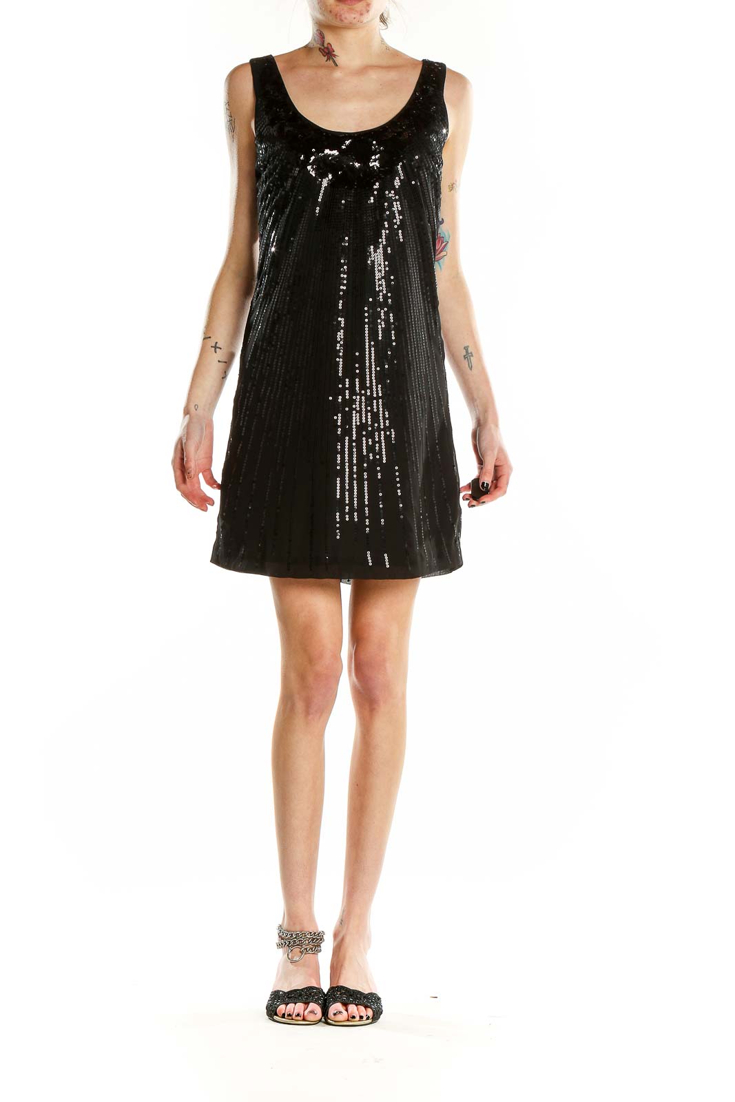 Front view of White House Black Market black sequin sleeveless mini dress