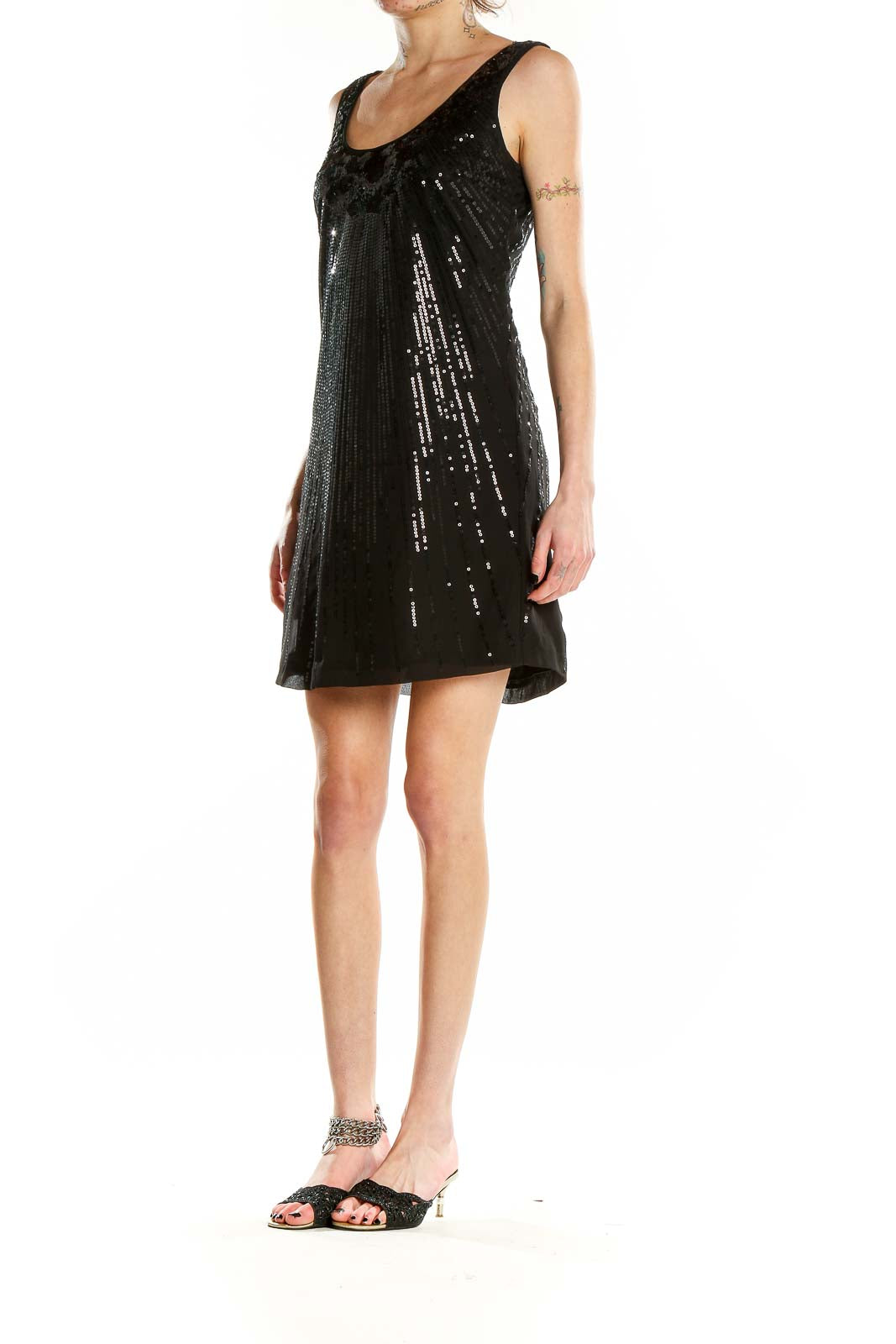 Front view of White House Black Market black sequin sleeveless mini dress