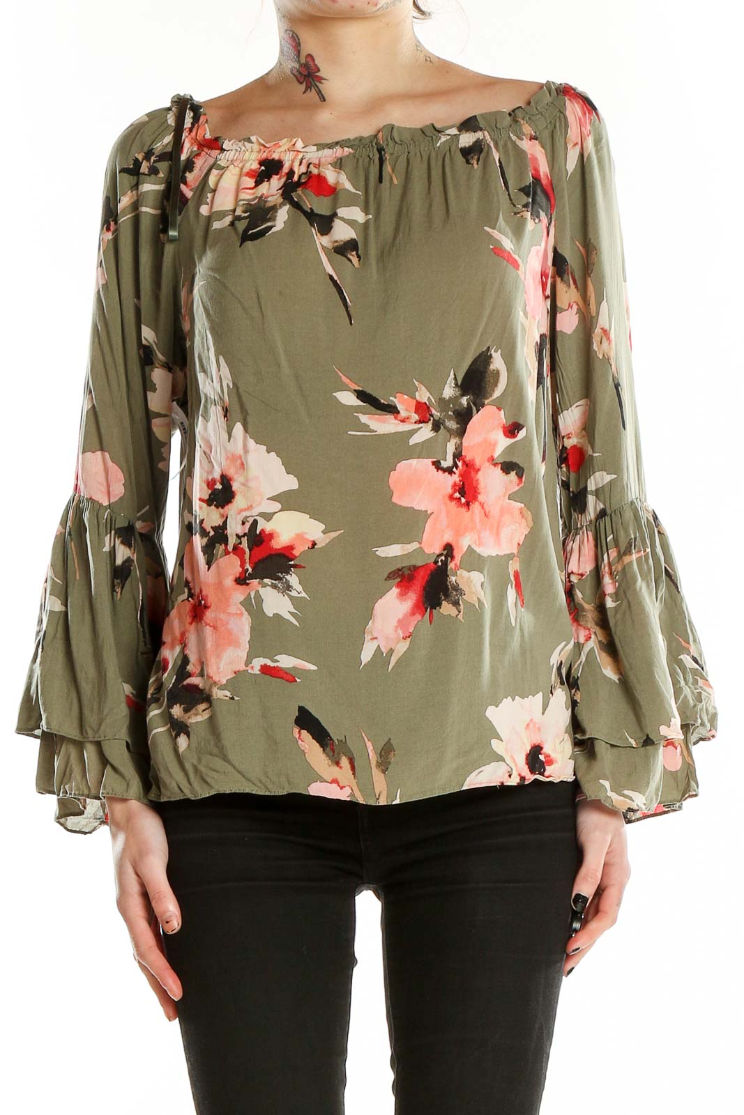 Front view of olive green floral off-shoulder blouse with bell sleeves