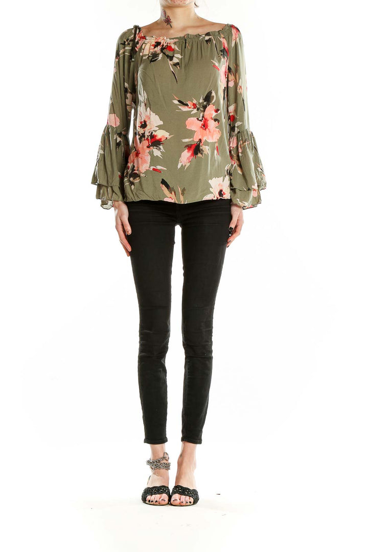 Front view of olive green floral off-shoulder blouse with bell sleeves