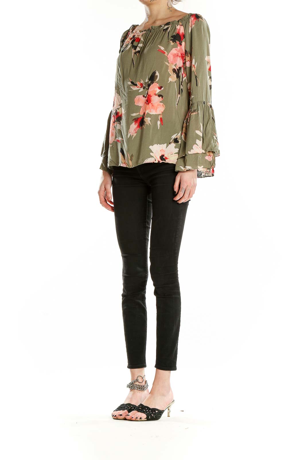 Front view of olive green floral off-shoulder blouse with bell sleeves