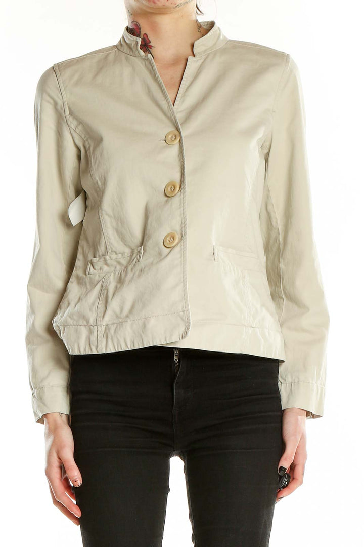 Front view of Eileen Fisher beige mandarin collar jacket