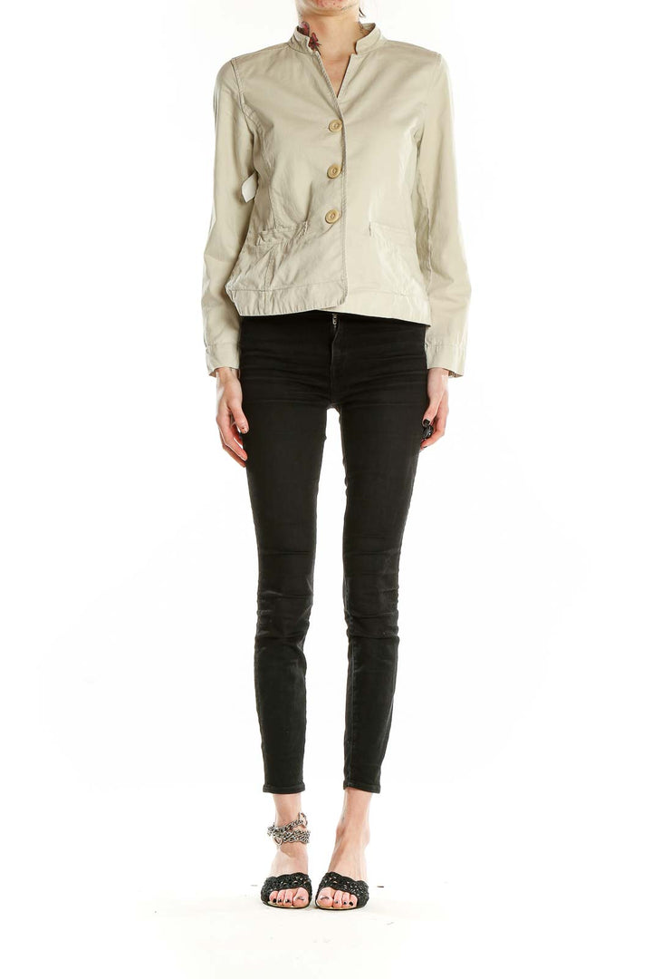 Front view of Eileen Fisher beige mandarin collar jacket