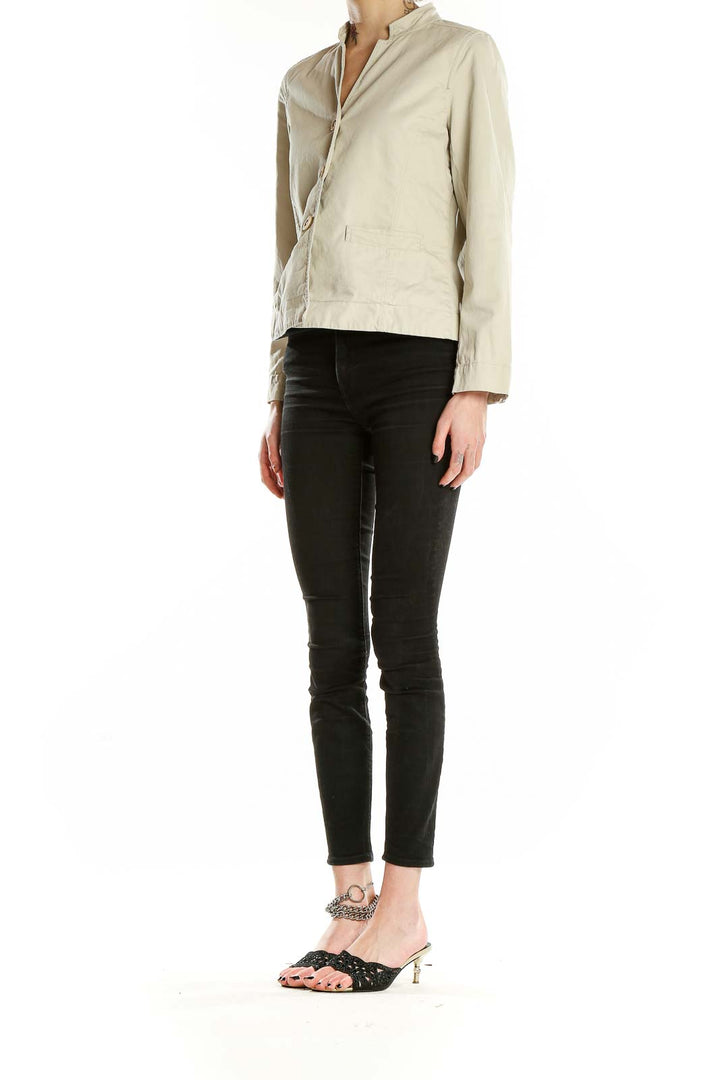 Front view of Eileen Fisher beige mandarin collar jacket