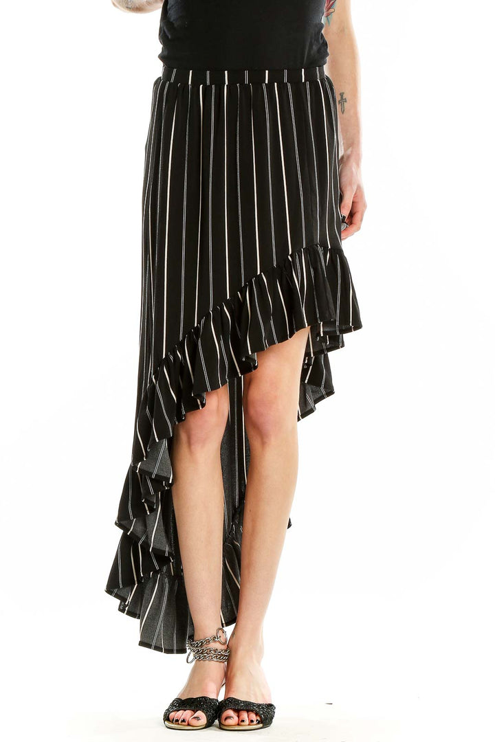 Front view of Express black and white striped high-low skirt with ruffle hem