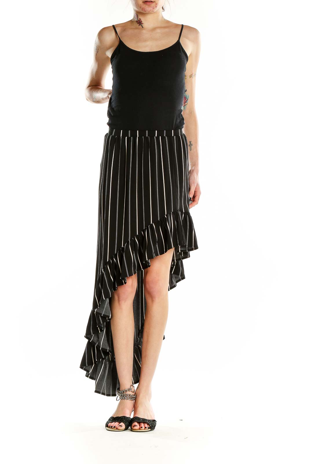 Front view of Express black and white striped high-low skirt with ruffle hem