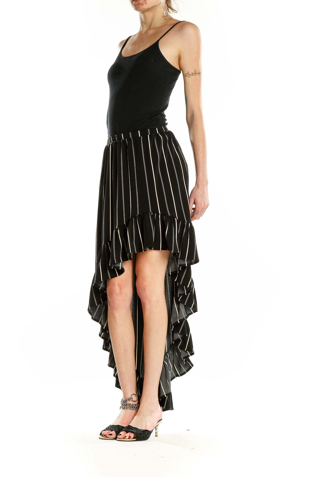 Front view of Express black and white striped high-low skirt with ruffle hem