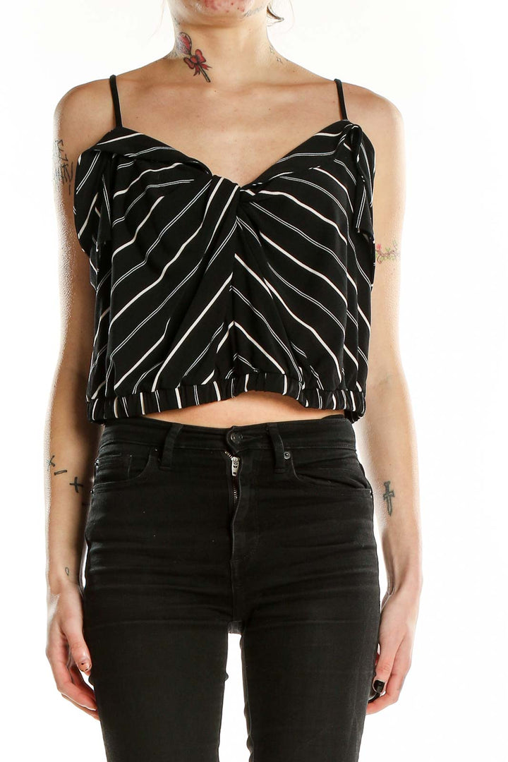 Front view of Express Black Striped Cropped Camisole Top with V-neckline